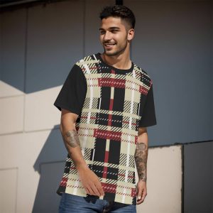 Men Plaid T-Shirt Sporty Short Sleeve Top Form Curved Hem