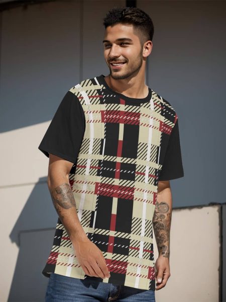 Men Plaid T-Shirt Sporty Short Sleeve Top Form Curved Hem