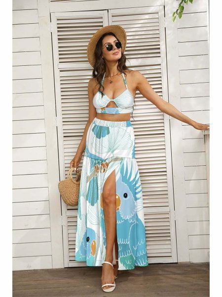 Ocean Blue Women Crop Top & Skirt Outfit Tie Back Wrap Set