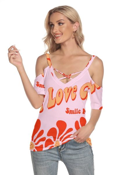 Love Smile Women T-Shirt Cold Shoulder Criss Cross Strips