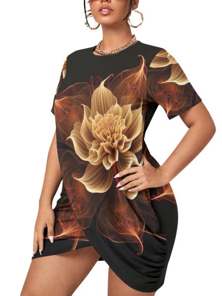 Stacked Hem Mini Dress Women Flowered Short Sleeve Plus Size