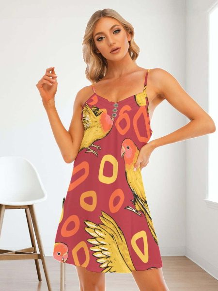 Orange Tropical Cami Dress Women Birds V-Neck Summer