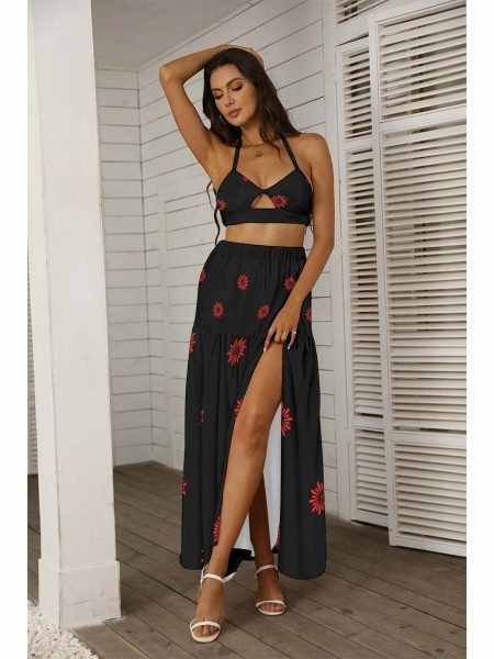 Tie Back Wrap Skirt & Crop Top Set Women Outfit Dress