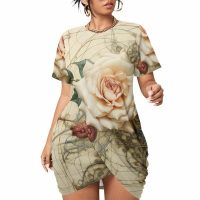 Women Flowered Mini Dress Stacked Hem Short Sleeve Plus Size