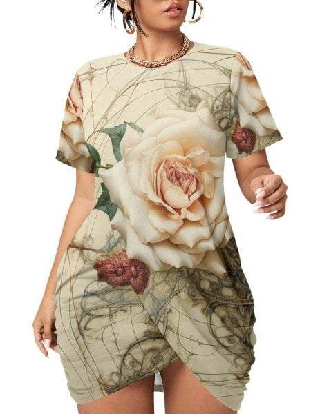 Women Flowered Mini Dress Stacked Hem Short Sleeve Plus Size