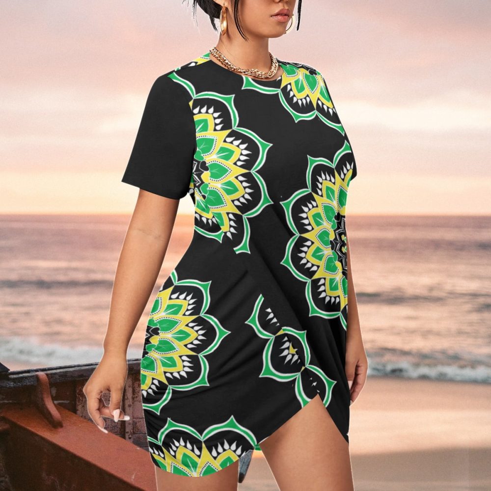 Tropical Women Mini Dress Stacked Hem Short Sleeve Plus Size