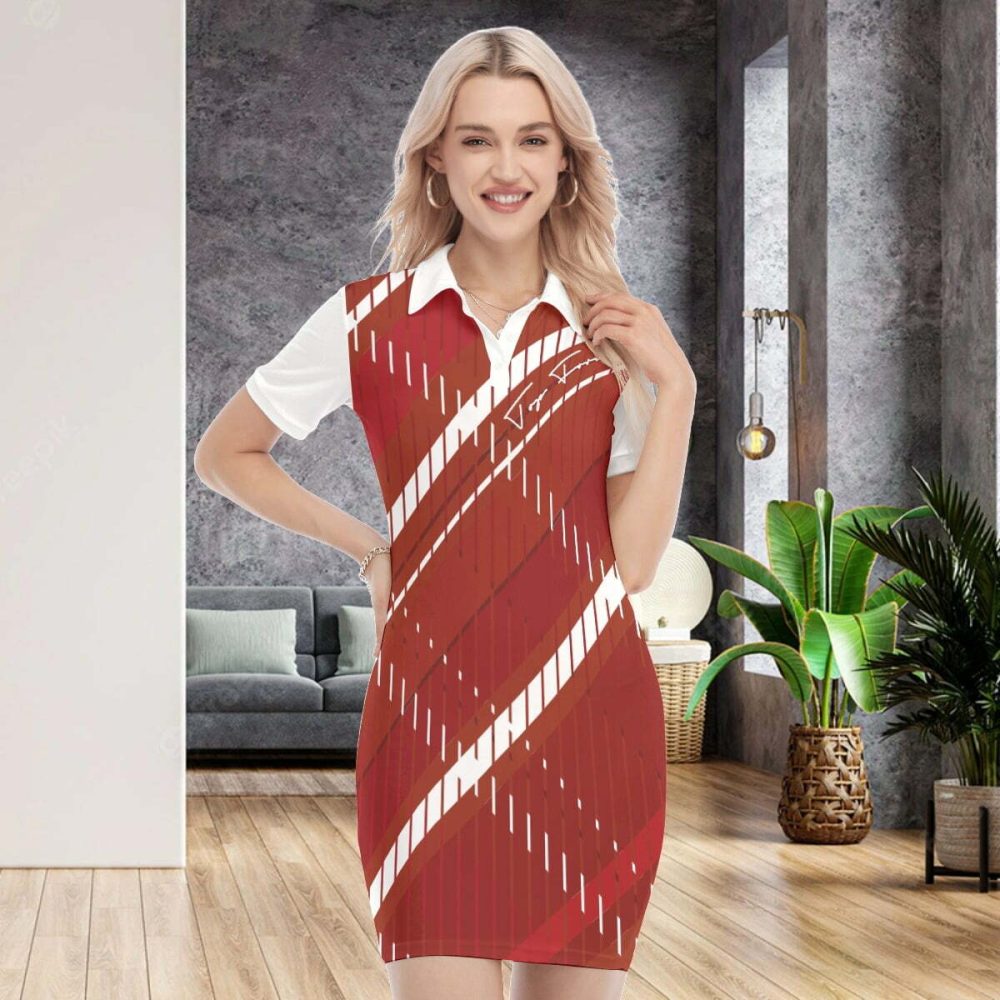 Red & White Mini Dress Women Bodycon Polo Collar