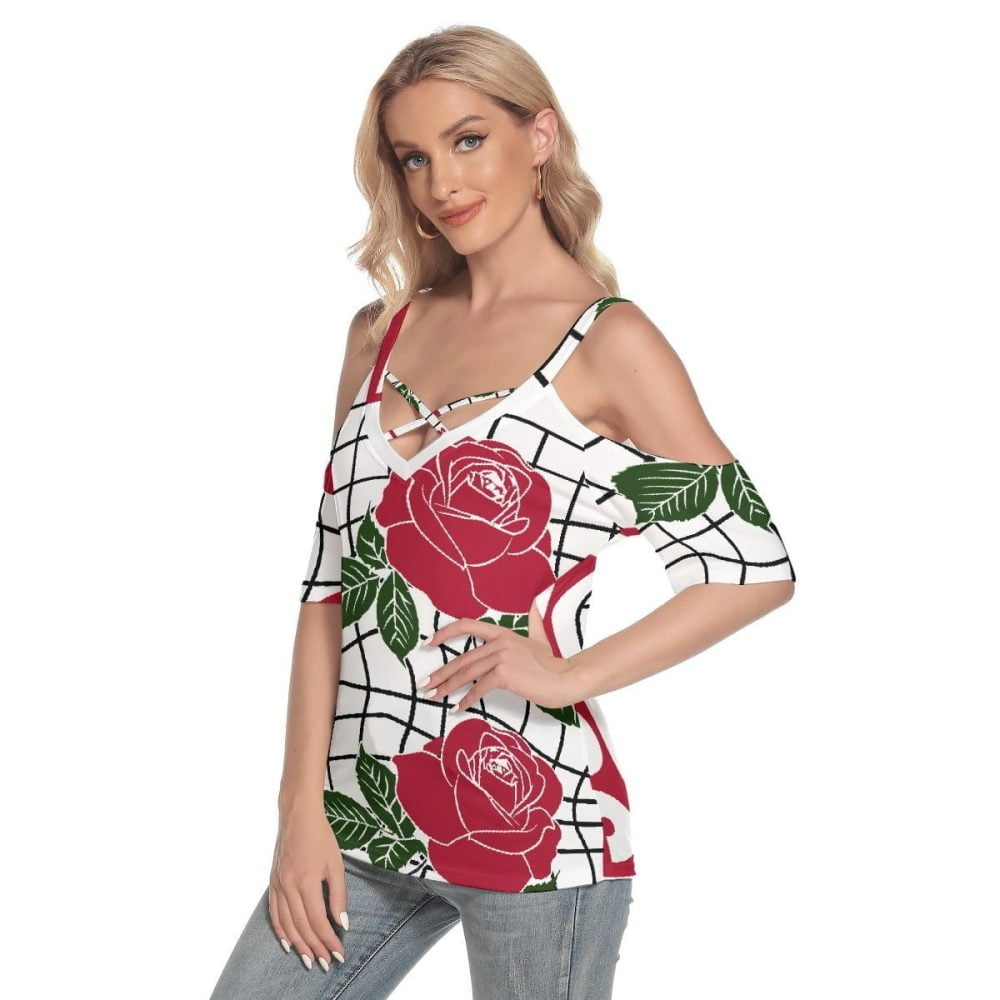 Red Rose Women T-Shirt Cold Shoulder Criss Cross Strips