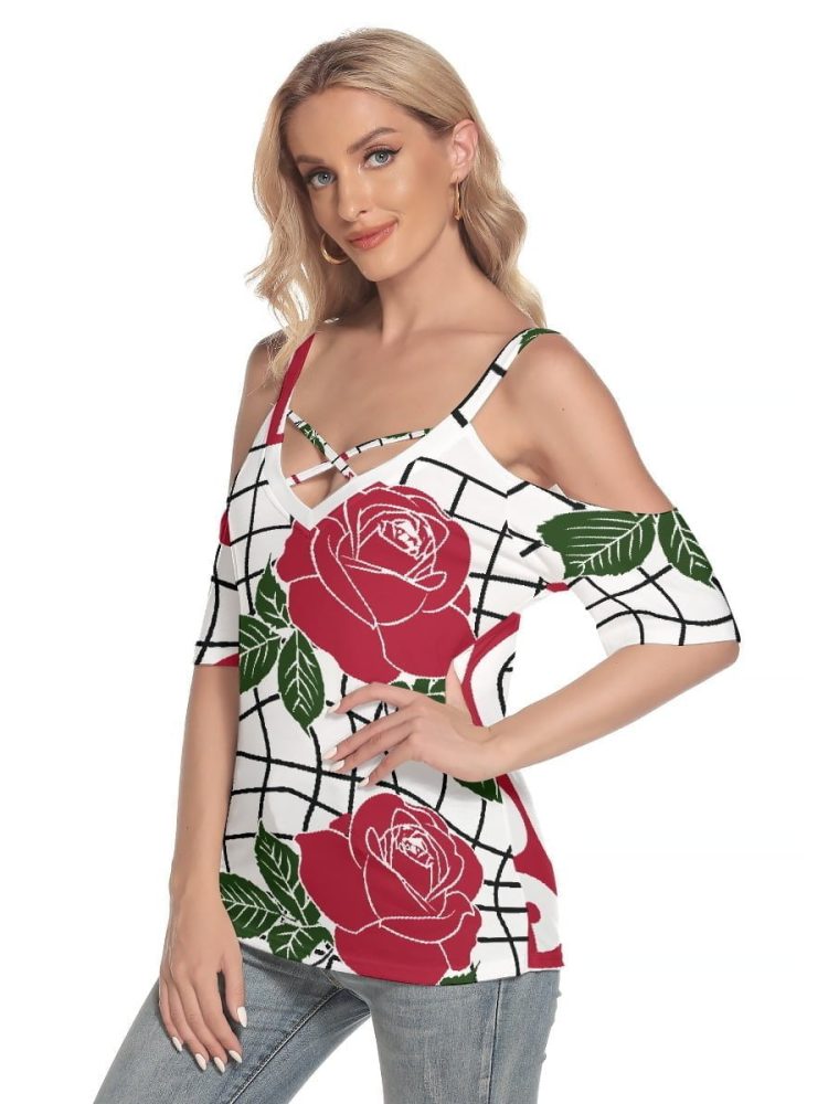 Red Rose Women T-Shirt Cold Shoulder Criss Cross Strips