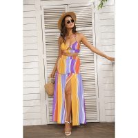 Rainbow Crop Top & Skirt Set Women Tie Back Summer Wrap