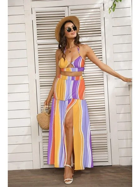 Rainbow Crop Top & Skirt Set Women Tie Back Summer Wrap