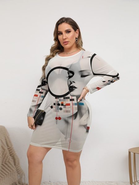 Stunning Mesh Mini Dress Women Face Design Plus Size