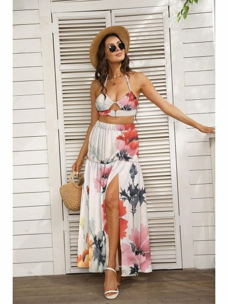 Tropical Garden Skirt & Top Outfit Set Women Tie Back Wrap