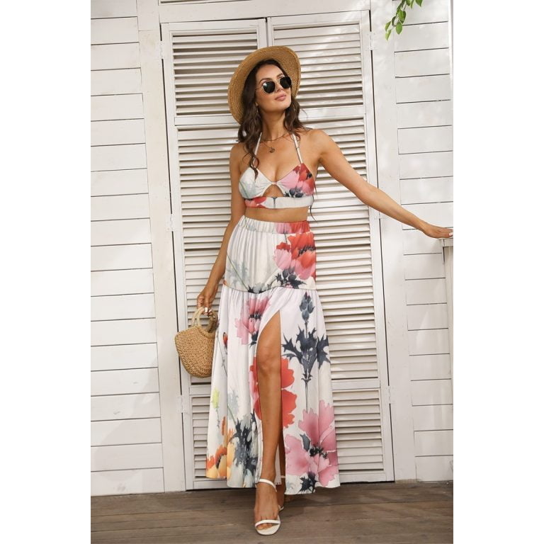 Tropical Garden Skirt & Top Outfit Set Women Tie Back Wrap