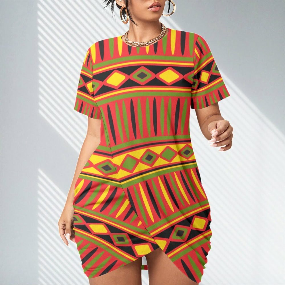 Stacked Hem Women Mini African Dress Short Sleeve Plus Size