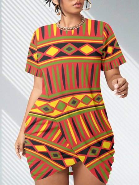 Stacked Hem Women Mini African Dress Short Sleeve Plus Size