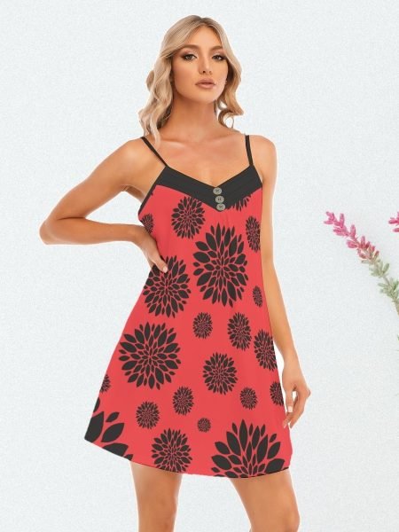 Black & Red Women Cami Dress Summer V-neck Sleeveless