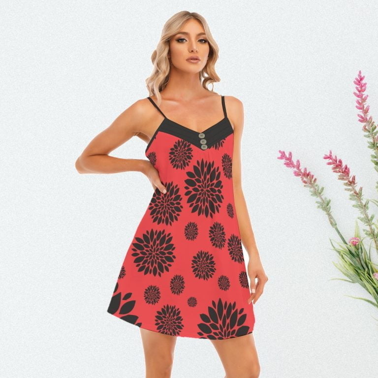 Black & Red Women Cami Dress Summer V-neck Sleeveless