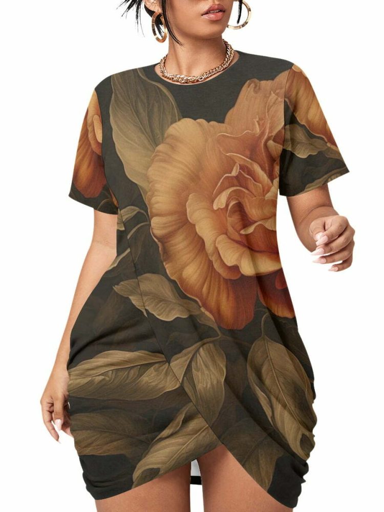 Beautiful Mini Dress Flowered Women Hem Short Sleeve Plus Size