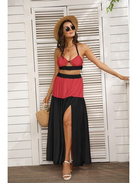 Black & Red Beach Skirt & Top Set Women Tie Back Wrap Dress