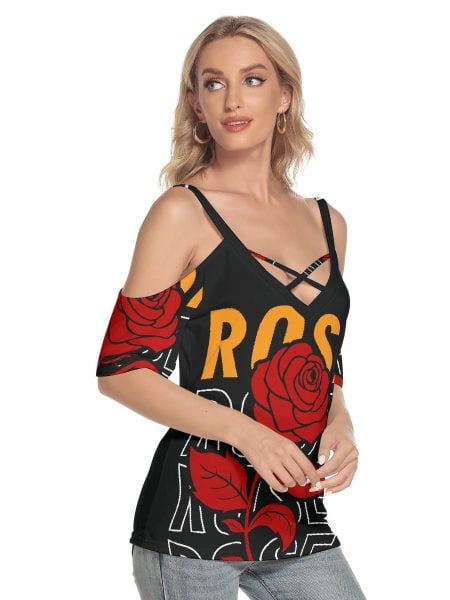 Women Rose Cold Shoulder T-Shirt Criss Cross Strips