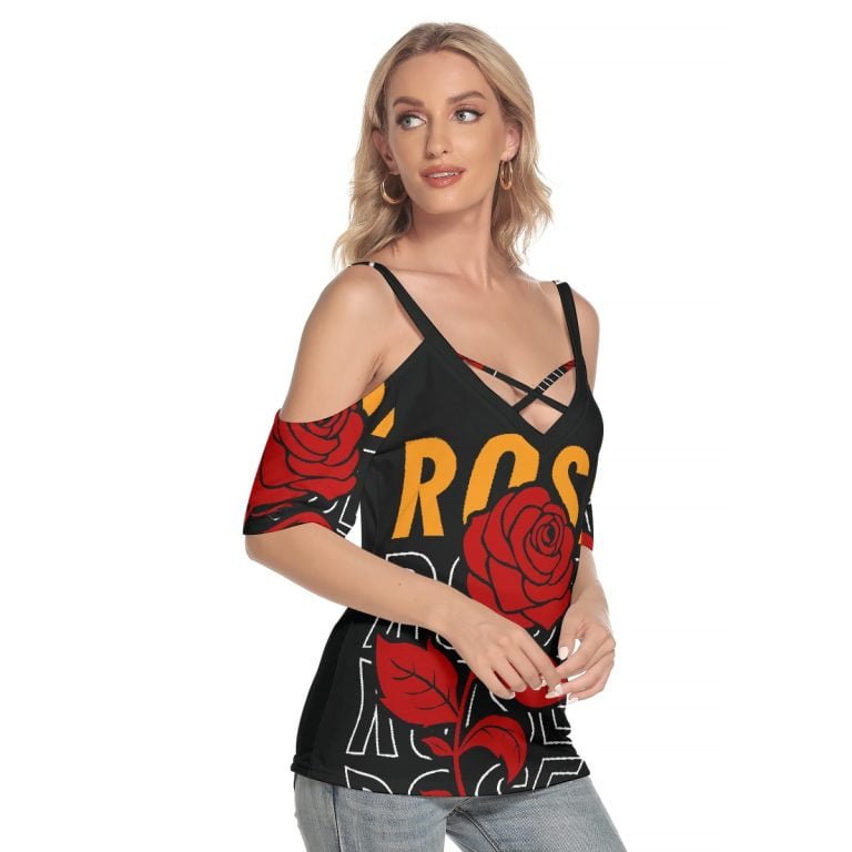 Women Rose Cold Shoulder T-Shirt Criss Cross Strips