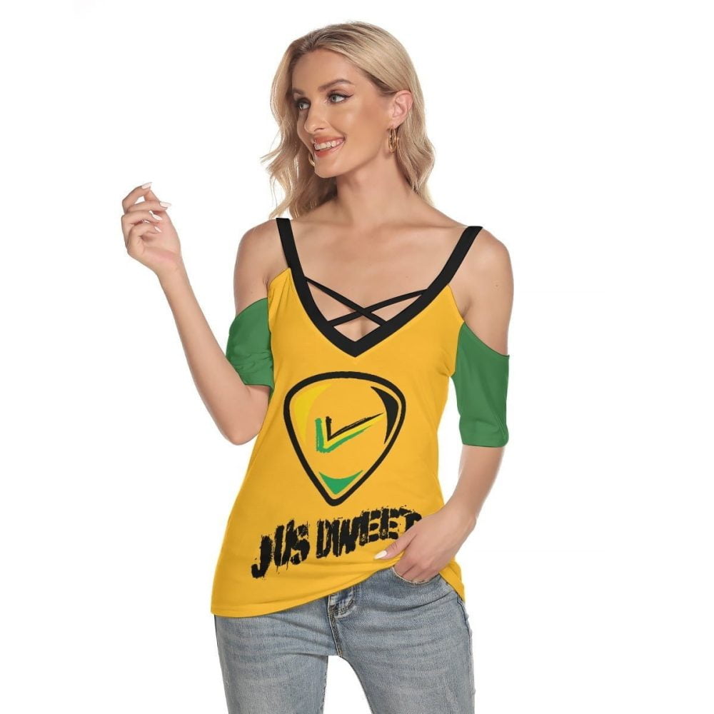 Women Jamaican T-Shirt Cold Shoulder With Criss Cross Strips