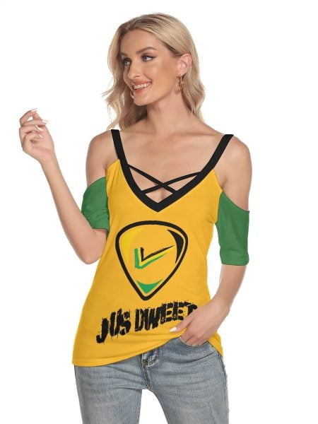 Women Jamaican T-Shirt Cold Shoulder With Criss Cross Strips