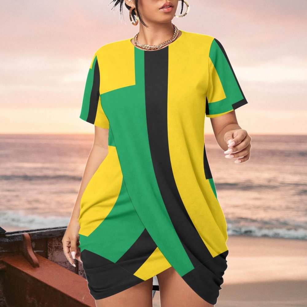 Jamaican Style Mini Dress Women Hem Short Sleeve Plus Size