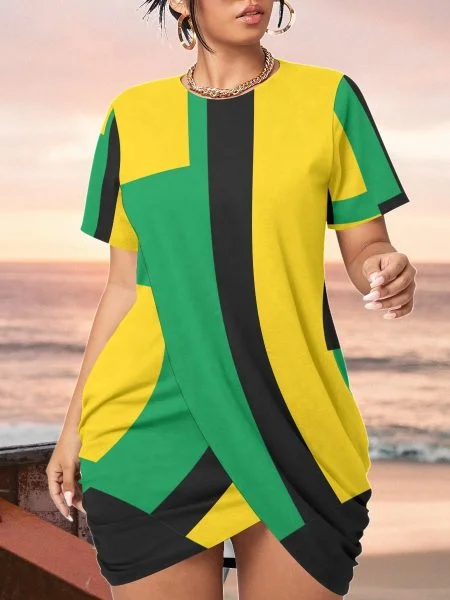 Jamaican Style Mini Dress Women Hem Short Sleeve Plus Size