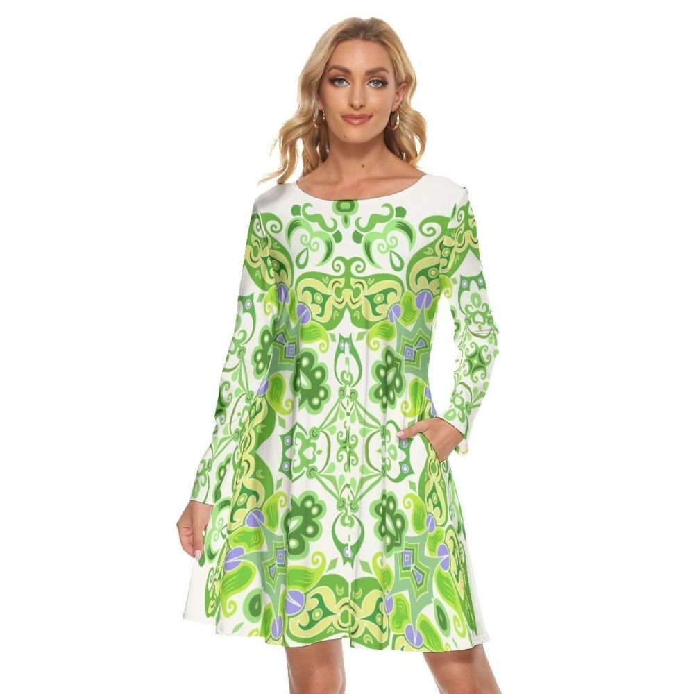 Green Iconic Mini Dress Women Summer Crew Neck Dress