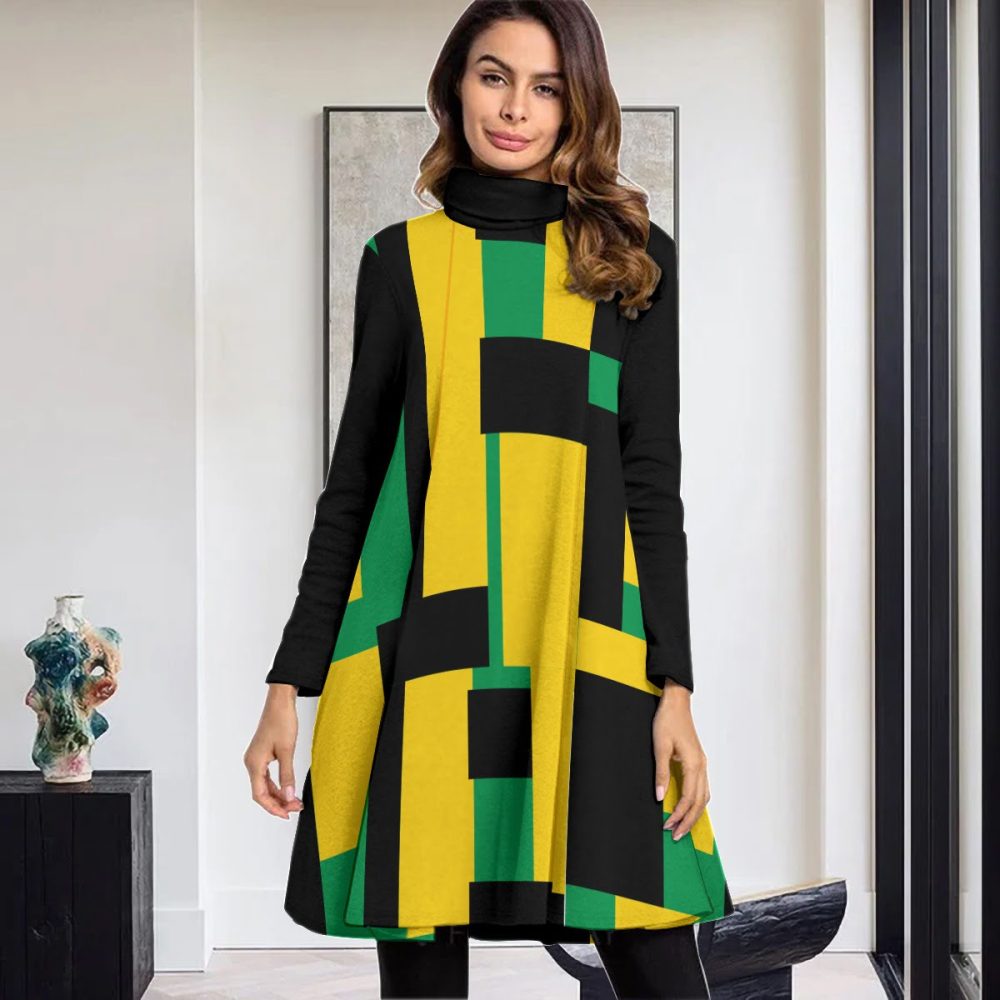 High Neck Mini Dress Jamaican Turtleneck And Long Sleeve