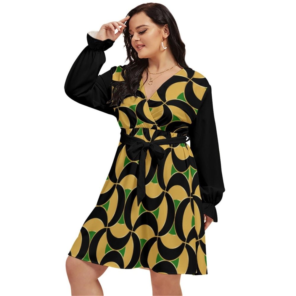 Jamaican V-Neck Mini Dress Women Curvy Waistband Plus Size