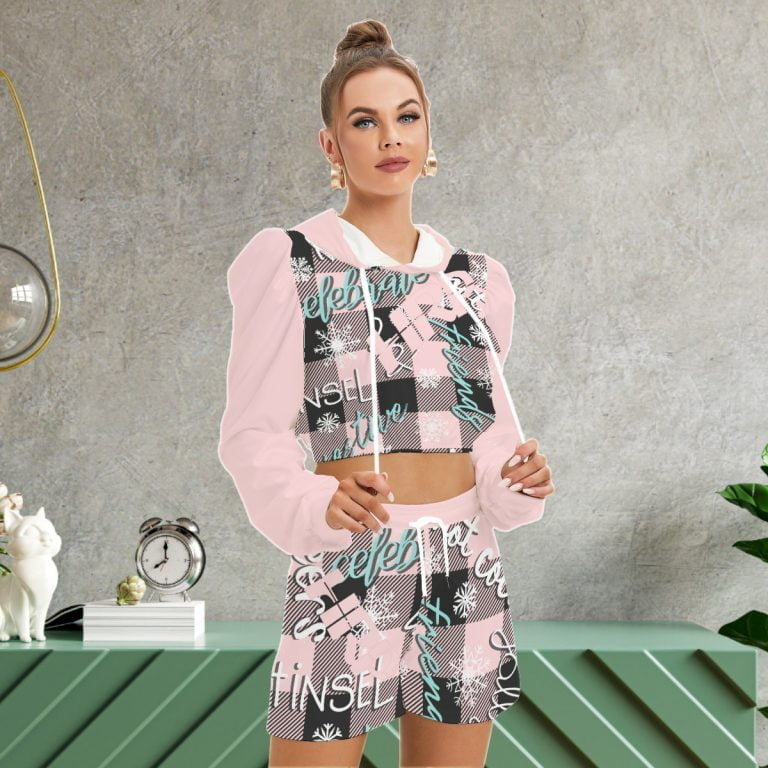 Pink Plaid Hoodie And Shorts Outfit Women Mirco Fleece Set