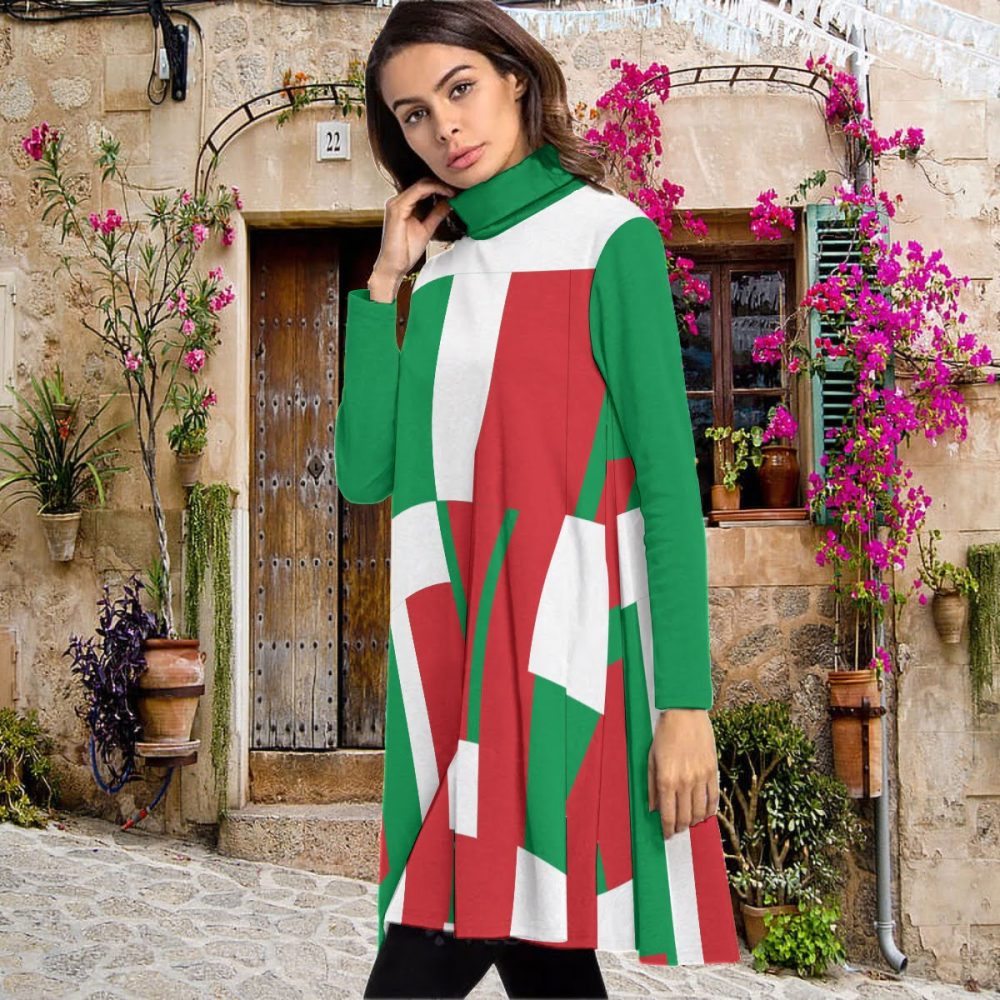 Italian High Neck Mini Dress Women Long Sleeve Street Wear