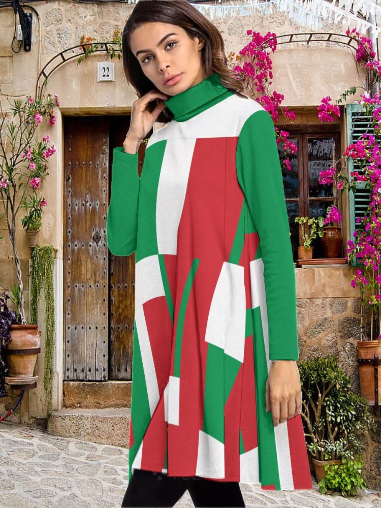 Italian High Neck Mini Dress Women Long Sleeve Street Wear