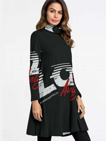 NYC Women High Neck Mini Dress Sleek Long Sleeve