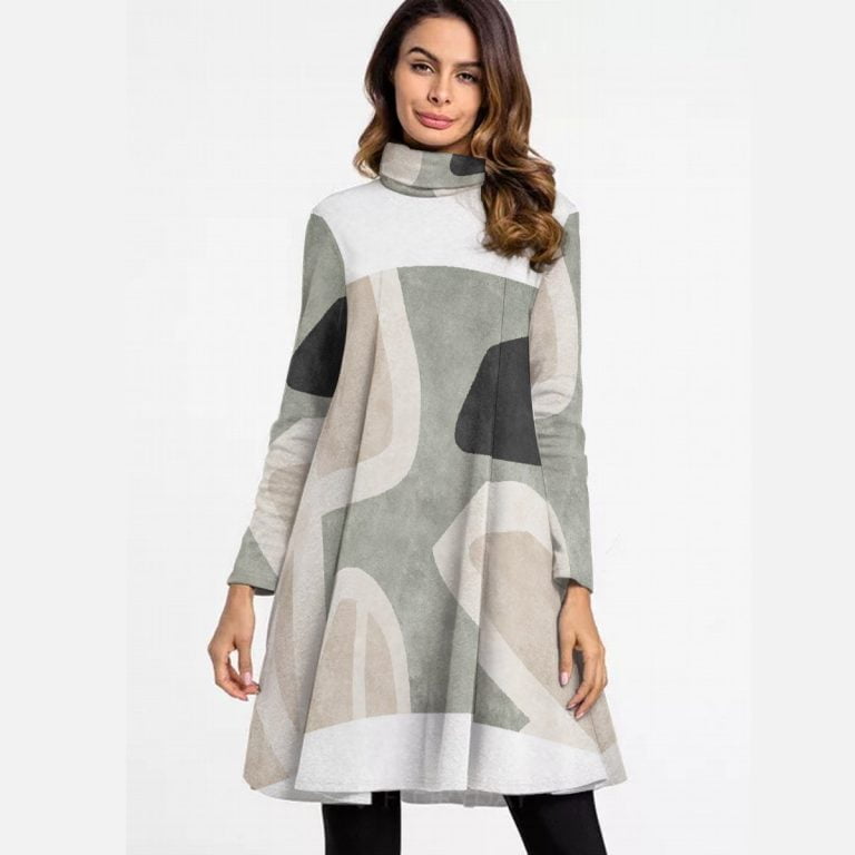 Latest Style High Neck Mini Dress Women Trending Long Sleeve