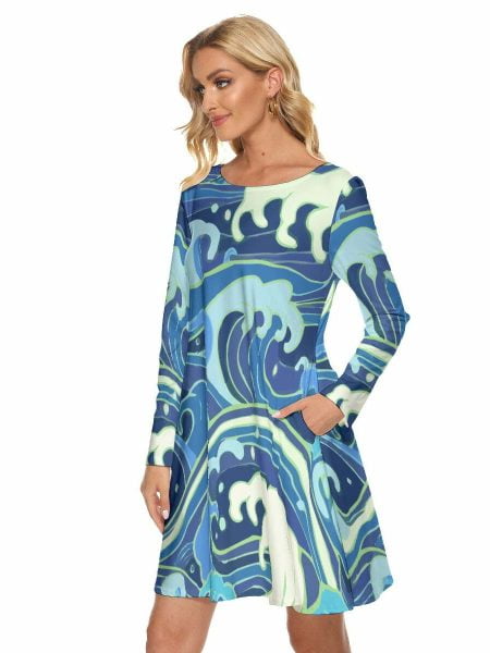 Ocean Wave Mini Dress Women Casual Crew Neck Summer Wear