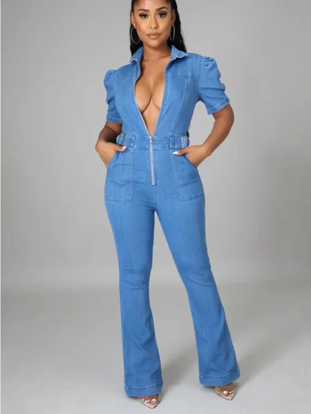 Turn Down Collar Jumpsuit Denim Zippered Pocket Design