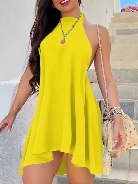 Plain Halter Backless Mini Dress Women Casual Dress