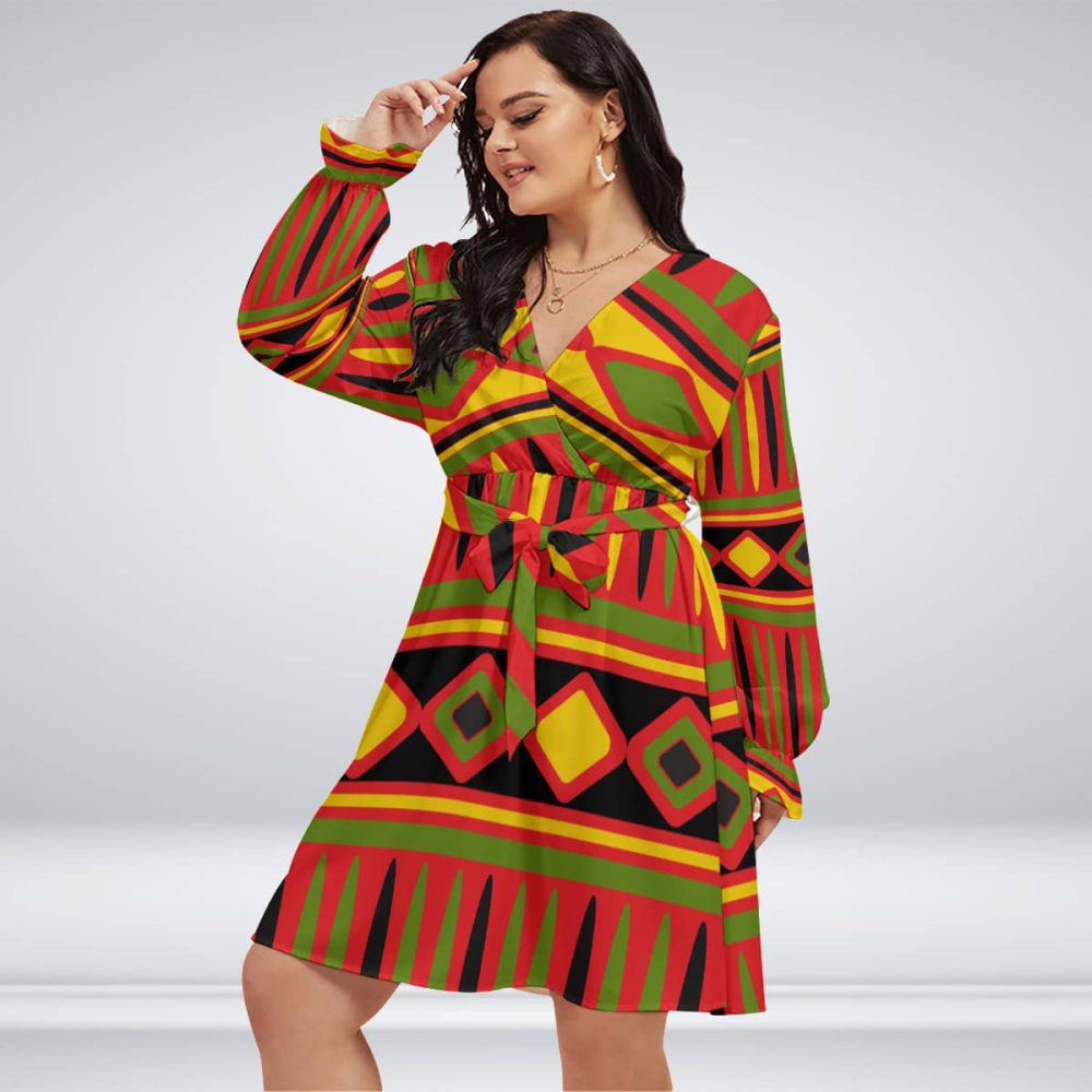 African Tribal Women Mini V-Neck Dress With Waistband Plus Size