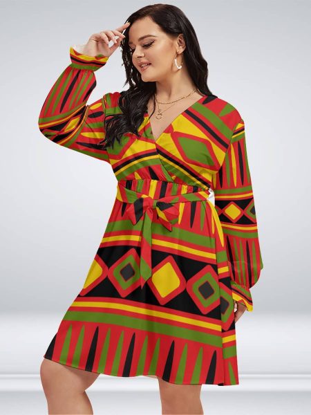 African Tribal Women Mini V-Neck Dress With Waistband Plus Size