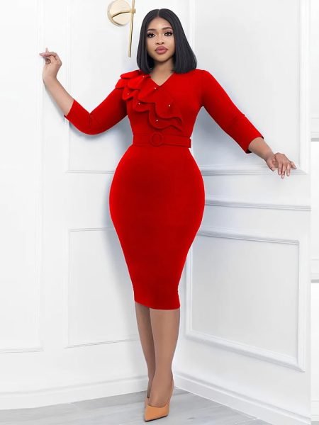 Bodycon Midi Dress Solid Style Women Double Layer Collar