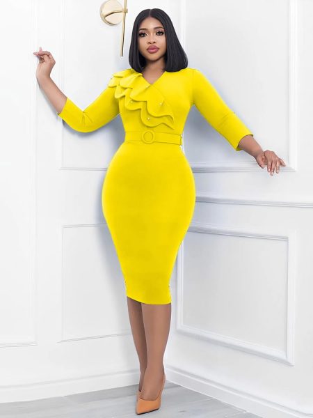 Elegant Autumn Midi Dress Bodycon 2024 Polyester