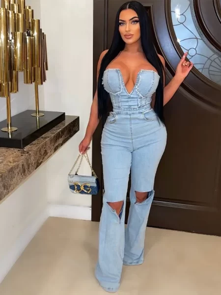 Denim Jumpsuit Strapless Hollow Hole for Women Summer Sexy