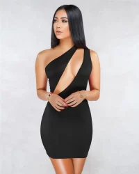 Sexy One Shoulder Bodycon Mini Dress Women Black Clothes