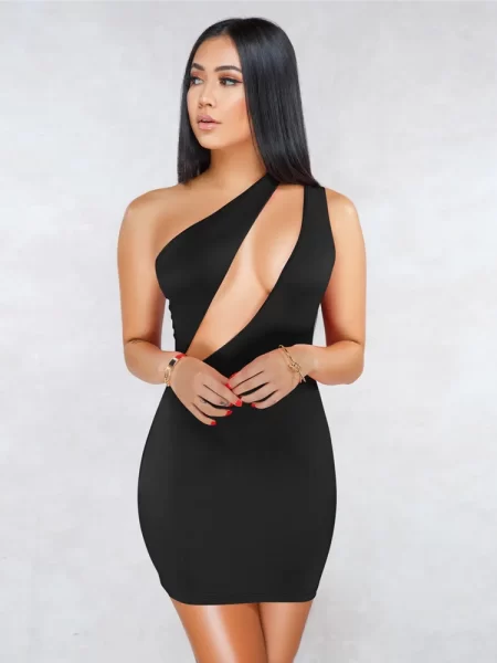 Sexy One Shoulder Bodycon Mini Dress Women Black Clothes