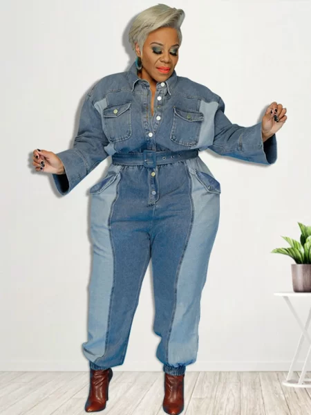 Spring Long Sleeve Jumpsuits Women Denim Jeans with Pockets Oversized Jumpsuit