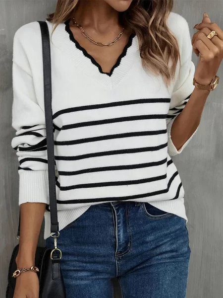 Knitted Autumn Striped Sweater Women Casual Long Sleeve Tops